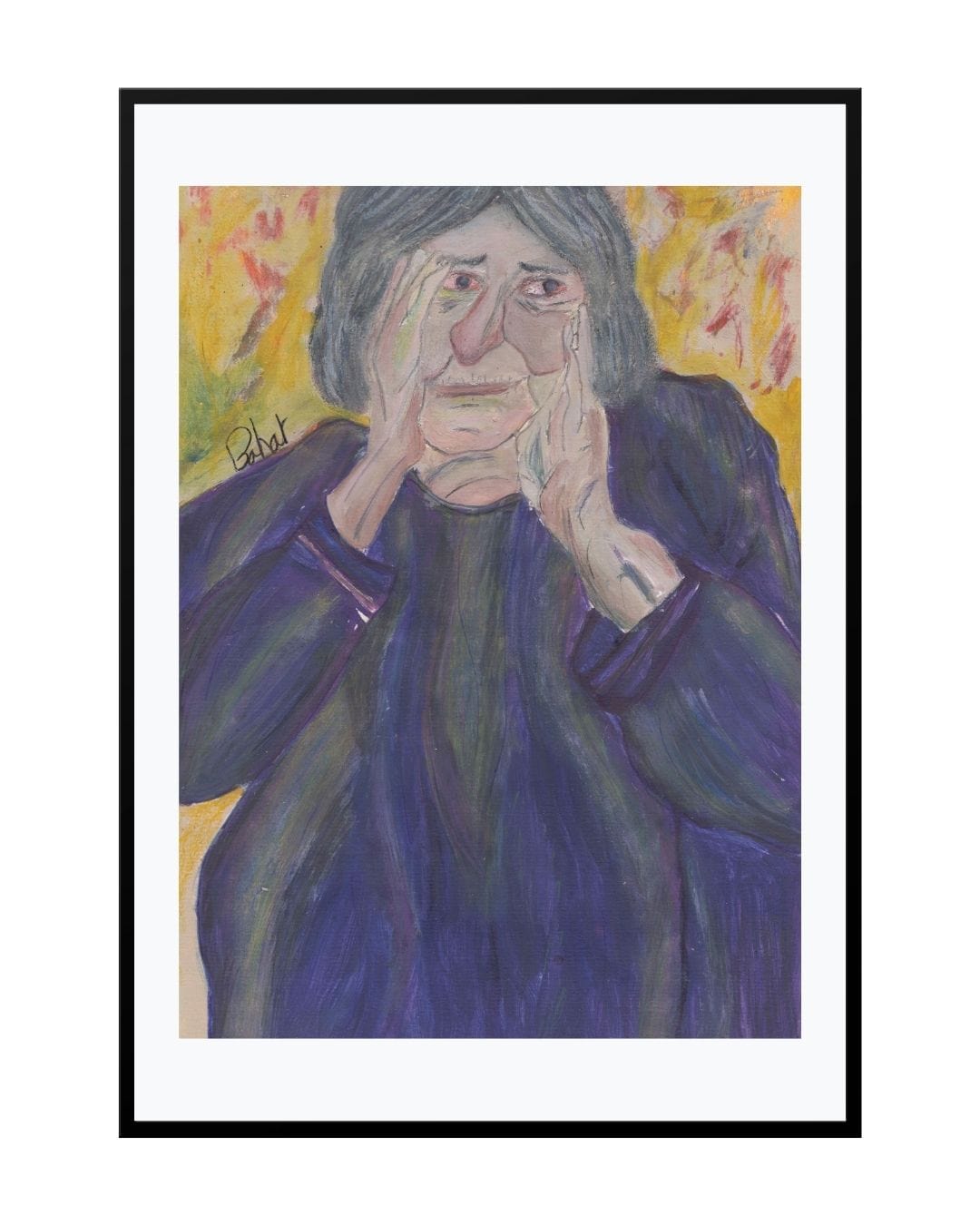 Expressionist painting titled "Grandma," portraying an elderly woman with quiet strength and grace